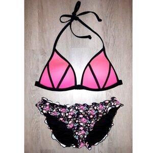 Victoria's Secret Bikini Set Pink Ombre Top Cheeky Ruffled Bottoms Size Large
